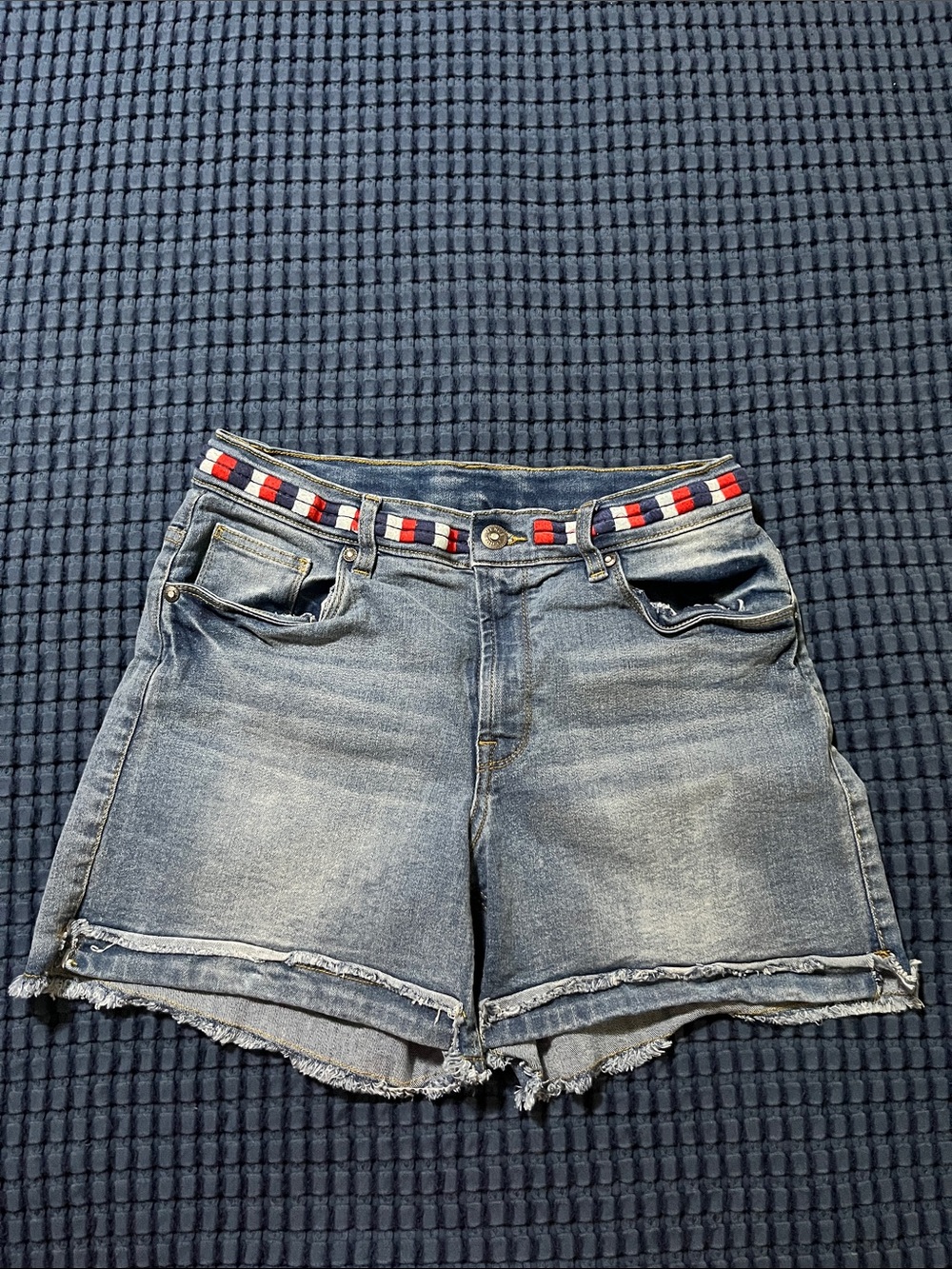 VENUS Blue Denim Cutoff Shorts with Red-White-Blue Waist Accent